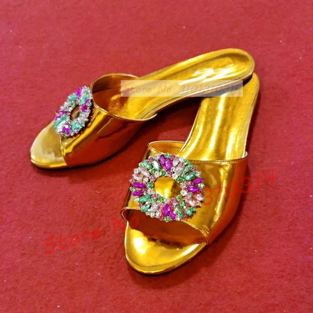 

Gold Metallic Flat Slippers With Colorful Jewelry Flower Women Shiny Crystal Real Patent Leather Beach Shoes Luxury Casual Slide