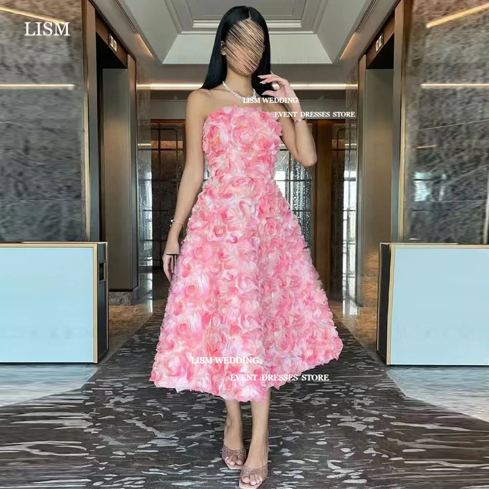 

LISM Elegant Pink 3D Flowers A-Line Evening Party Dresses Strapless Corset Back Tea-Length Formal Occasion Dress فساتين السهرة