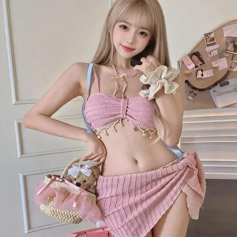 Women Three Piece Strapless Bikini Sweet Cute Pink Pure Desire Sexy Split Swimsuit Tummy Control Slim Beach Vacation Swimwear