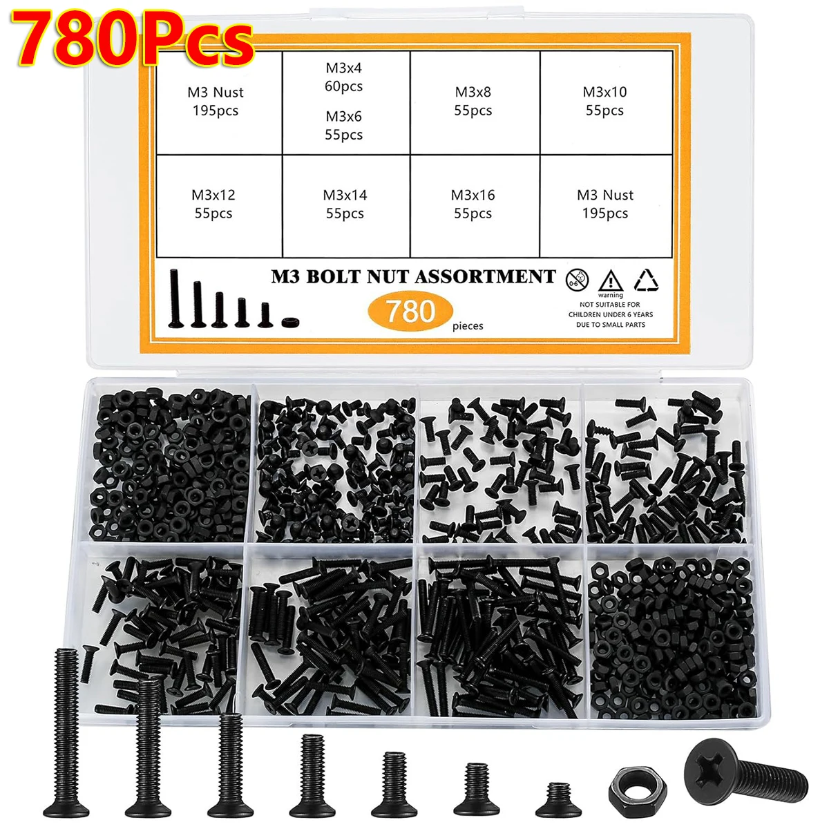 

780Pcs M3 Hex Socket Screw Set Carbon Steel Flat Round Cap Head Screws Bolts Nuts Assortment Kit Computer Screw Laptop Notebook