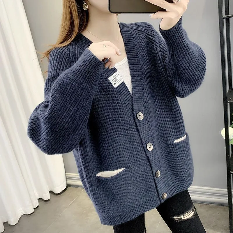 

Вязаный кардиган на осень и зиму, ленивый свитер в корейском стиле, пальто, свободный топ