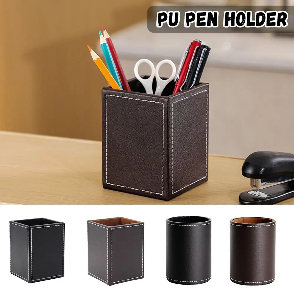 

High Quality PU Leather Pen Holder Round/Square Portable Pen Container Large-capacity Desktop Organizer Student Gift