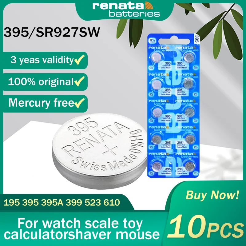 10PCS 100% Renata 395 SR927SW AG7 LR927 195 1.55V Silver Oxide Watch Battery For Scale Calculator Swiss Made Button Coin Cells