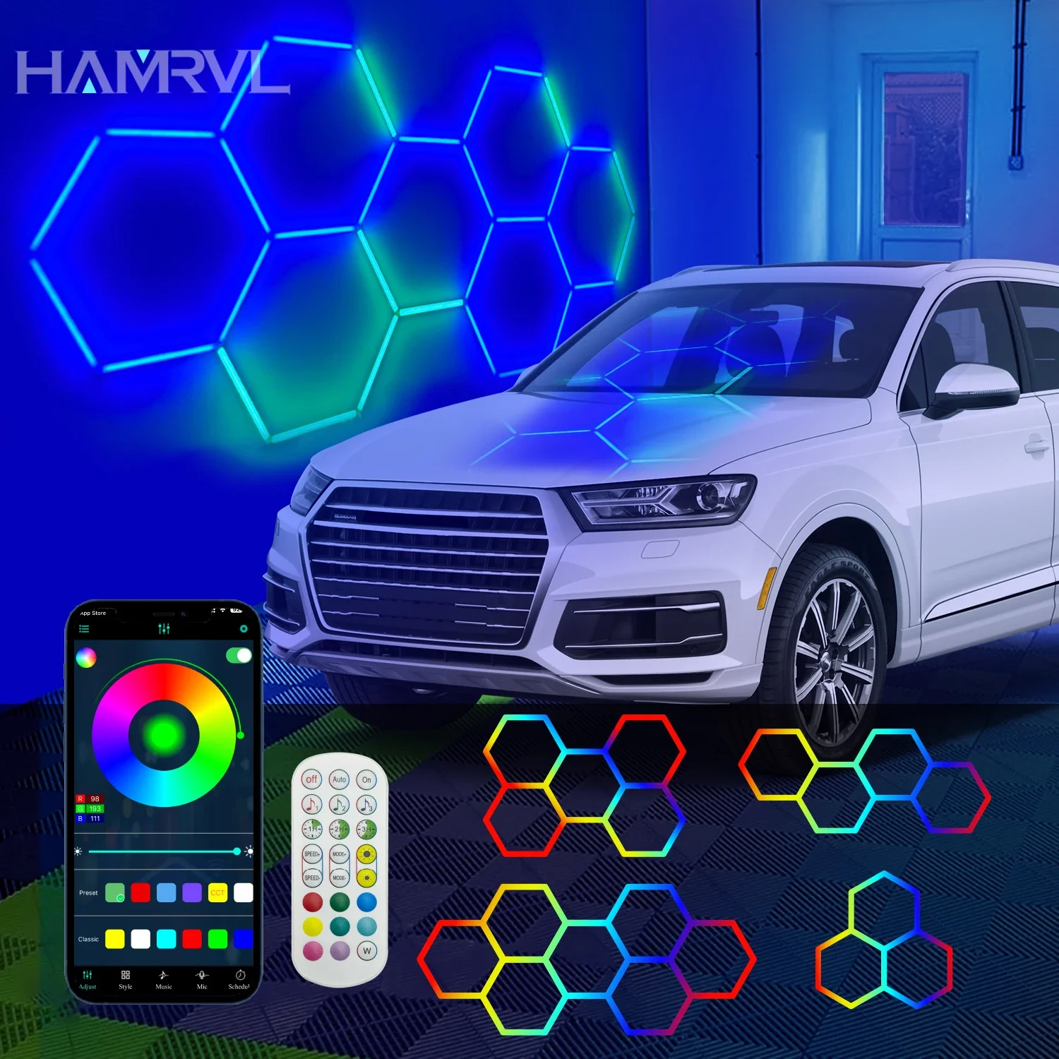 RGB Hexagon LED Garage Light Ceiling Honeycomb Detailing Lamp gaming room Auto Car Shop Workshop Bar gym App & Remote Control