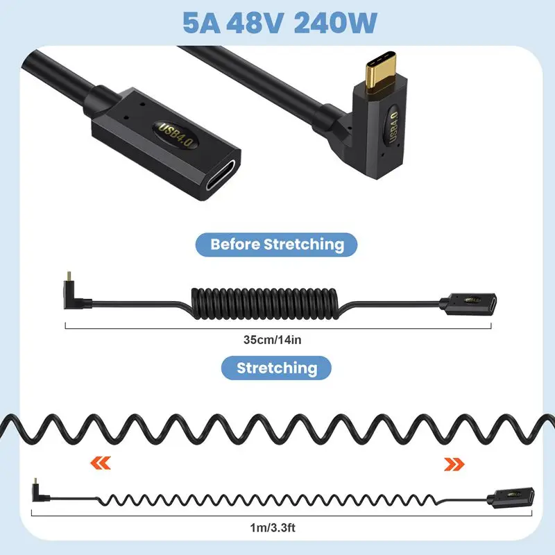 1.2m Telescopic USB 4.0 Type-C Male to Female Extension Line 8K@60HZ Lightning Multifunctional 240W 5A 40V Fast Charging