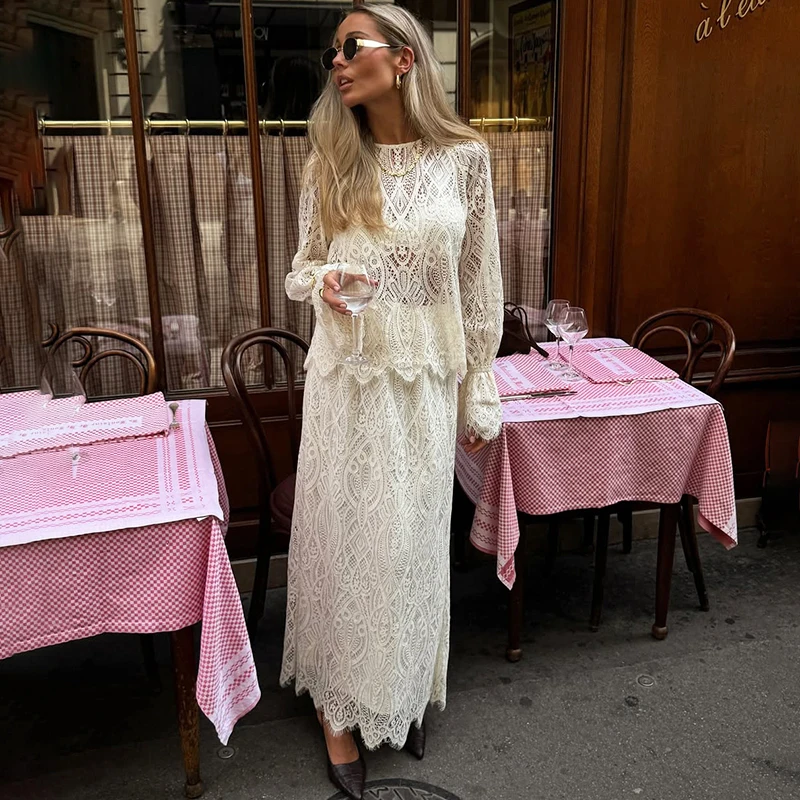 Tornova Set di abiti eleganti in pizzo Set da donna con maniche svasate sexy vuote Top senza schienale con lacci Gonna lunga a vita alta Set da 2 pezzi