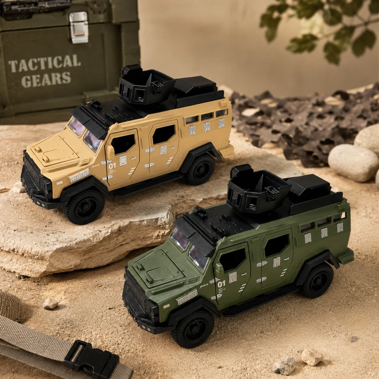 (Corrugated Box) 1/32 Scale, Military Armored Vehicle Style Toy Car with a Small Figurine, Strong Spring Force, Metal Casting