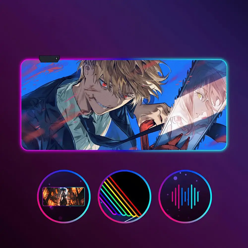 

Коврик для мыши в стиле аниме «Человек с бензопилой», RGB, светящийся, 900X400 мм, большой настольный коврик, нескользящий, очень большой игровой офисный коврик для мыши