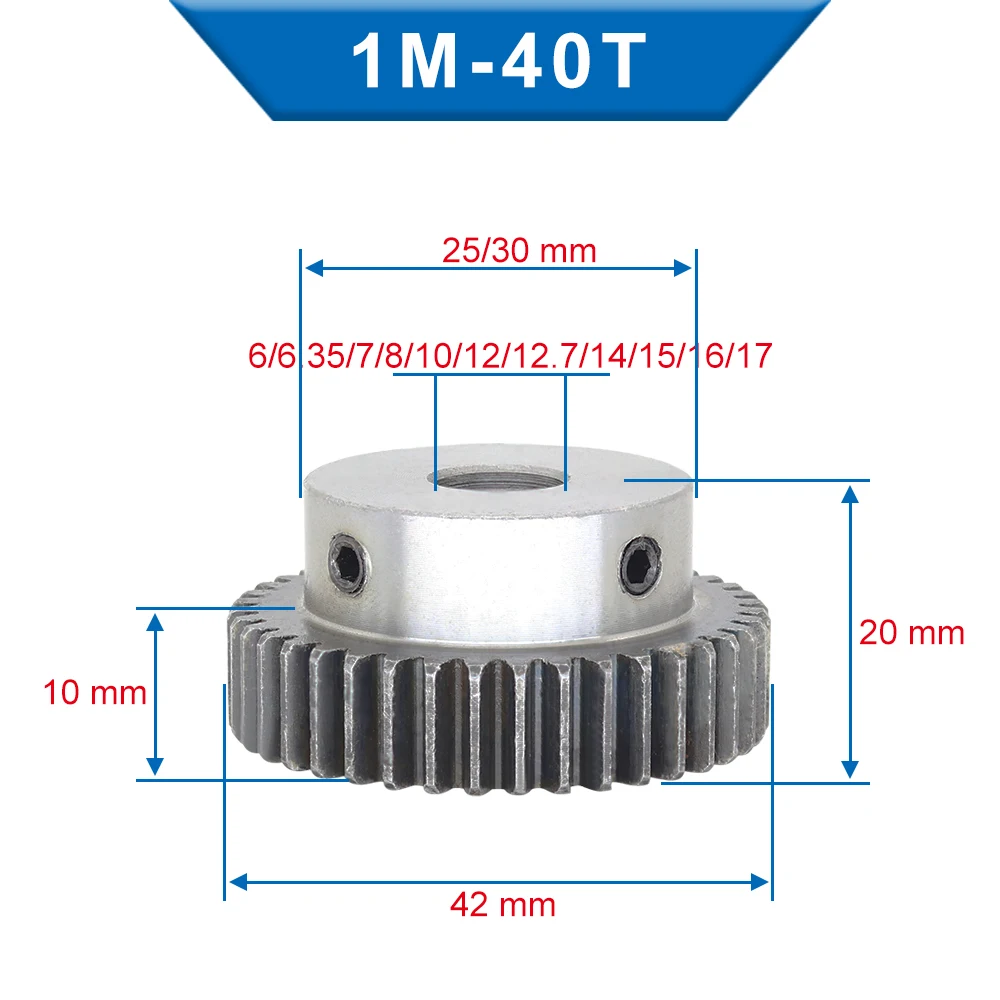 1Piece 1M40T Spur Gear Bore 6/6.35/7/8/10 /12/12.7/14/15/16/17/20 mm Motor Gear Low Carbon Steel Material  metal Gear for motor