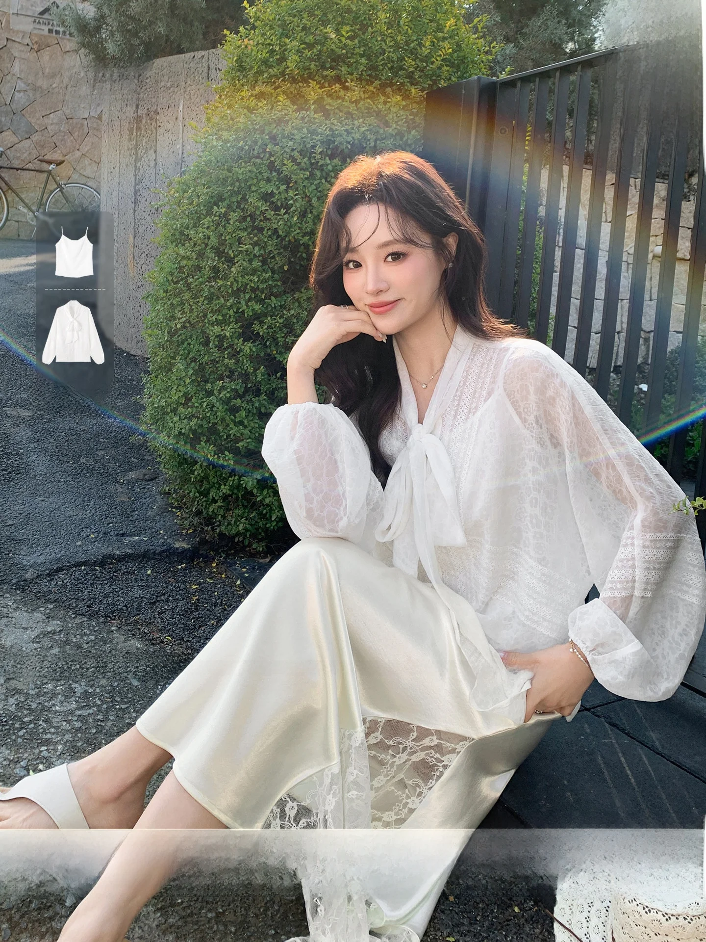 

Ele Lace Trim irt Women's Vintage Patchwork Belted Slimming Long Sve Breathable Polyester Spring Cardigan Top