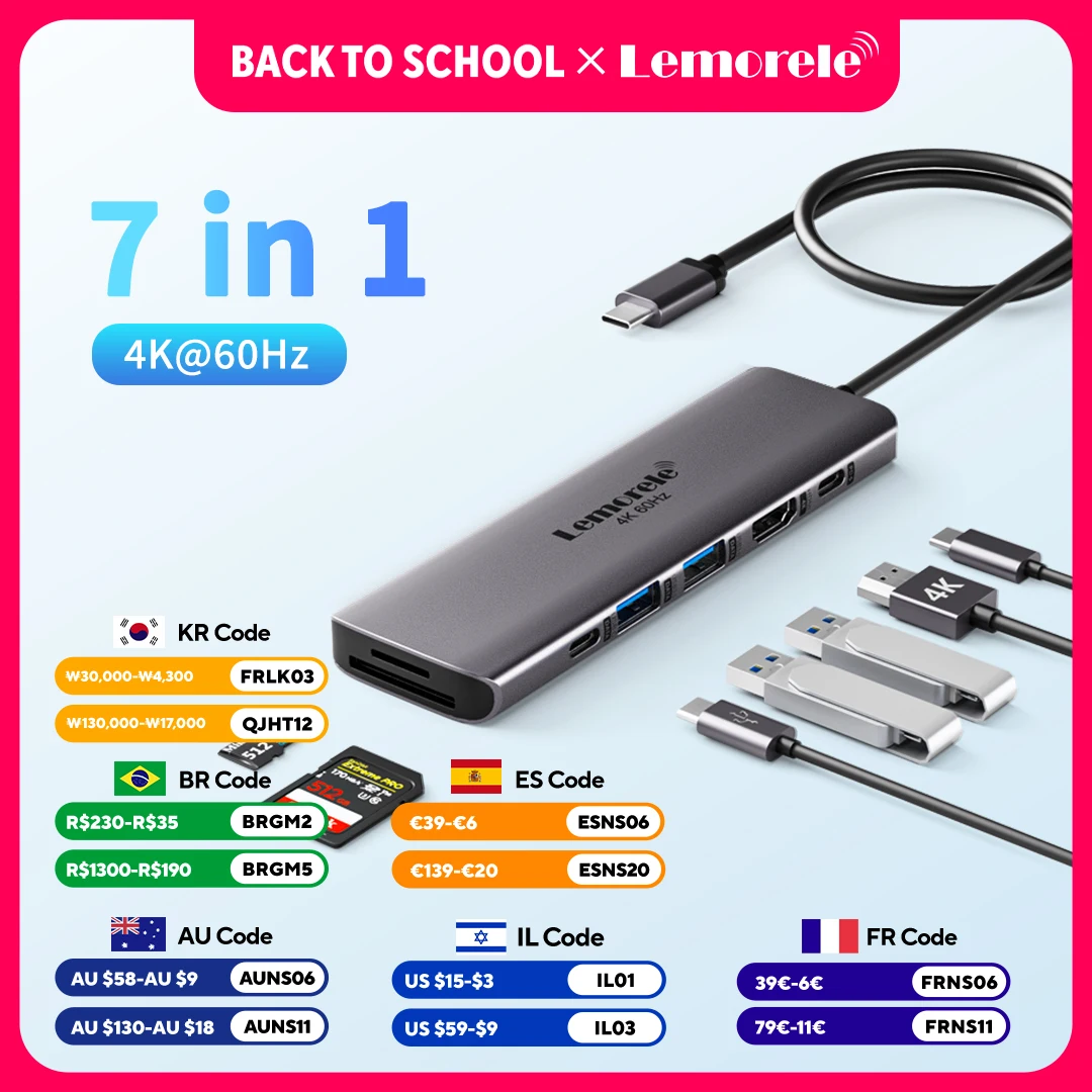 Lemorele TC45 7Port USB to HDMI 4K 60Hz Docking Station USB C HUB Type-C USB  Adapter PD100W SD TF For Macbook Air Pro iPad Pro