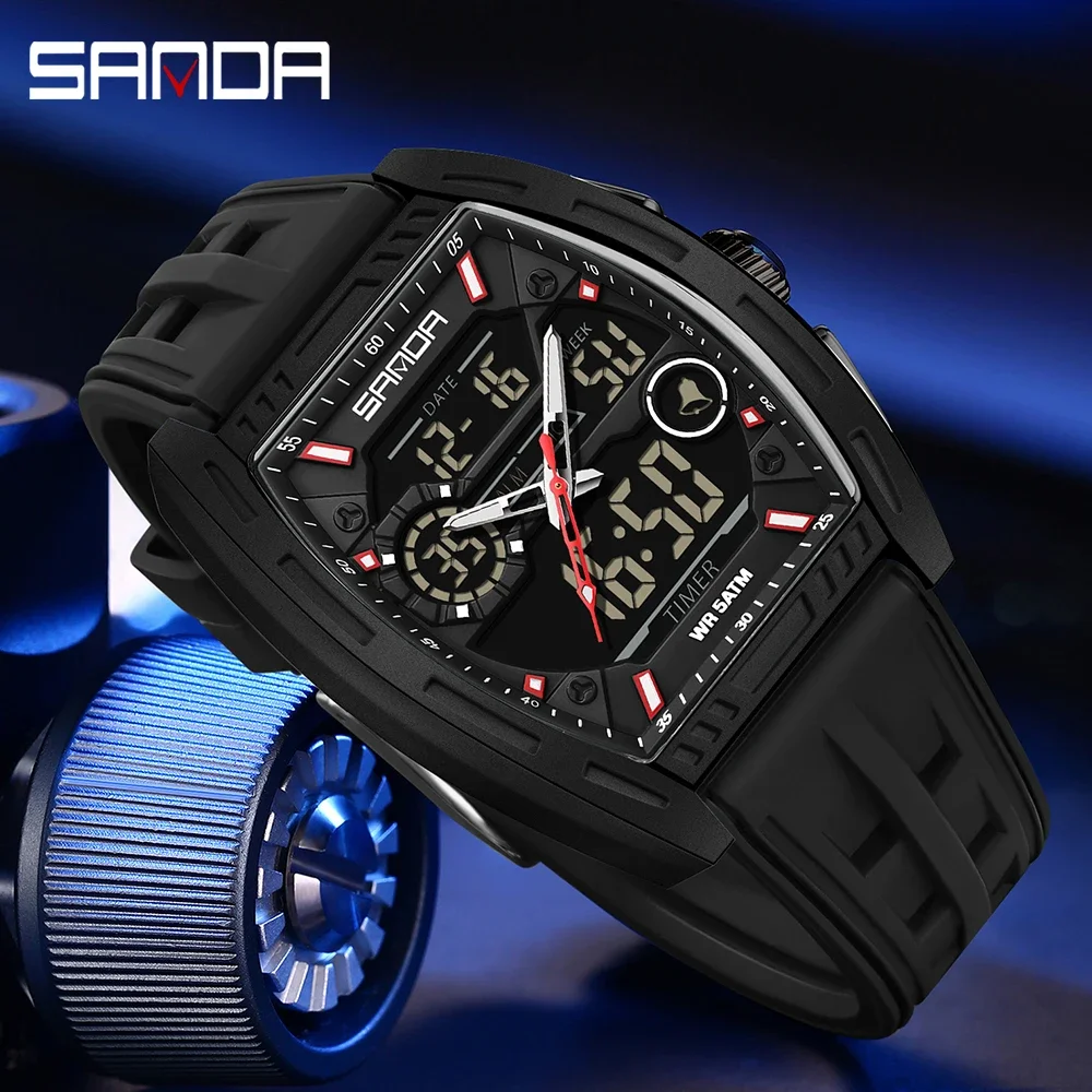 SANDA 6321 ساعة إلكترونية جديدة رقمية متعددة الوظائف موضة ساعة رجالي سيليكون مقاوم للماء ساعة منبه ساعة رجالي