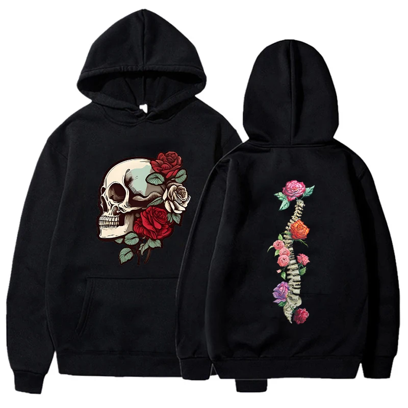 Woman Clothing Versatile Sweatshirts Casual Hoodies Pullovers Cool Gothic Skull with Roses Daily Dark Aesthetics Women's Hoodies