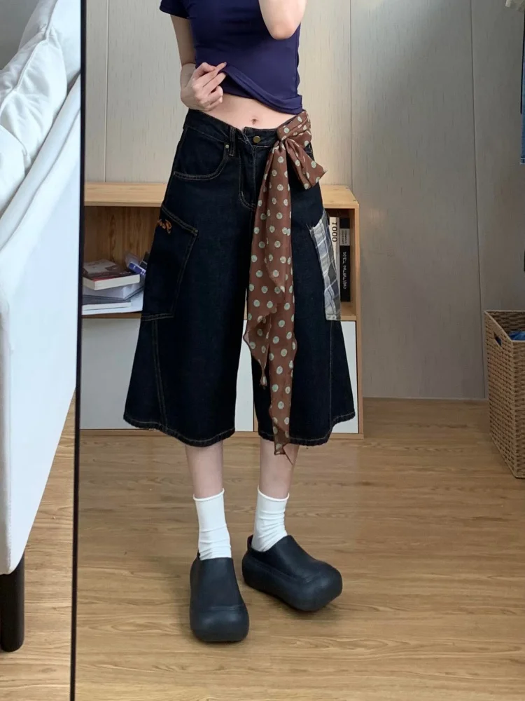 

American Style Wide Leg Denim Jeans Women's Summer New plus Size Loose Slimming Pear Shape Straight Short Pants