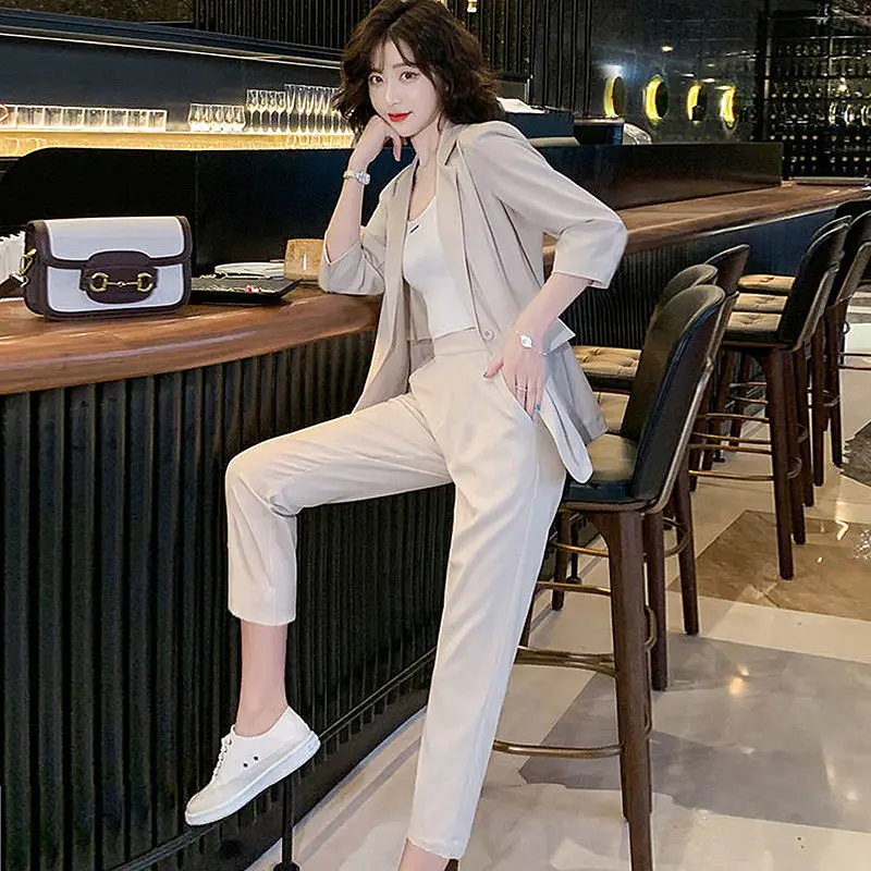 Korean Style Thin Jacket Blazer Casual Pencil Pants Two-piece Elegant Women's Pants Set Office Outfits Popular Clothing
