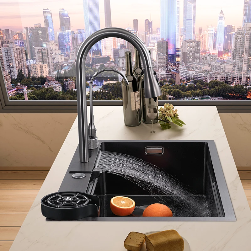 Wholesale Black color 304 stainless steel kitchen digital display raindance waterfall cup washer smart  sink for home