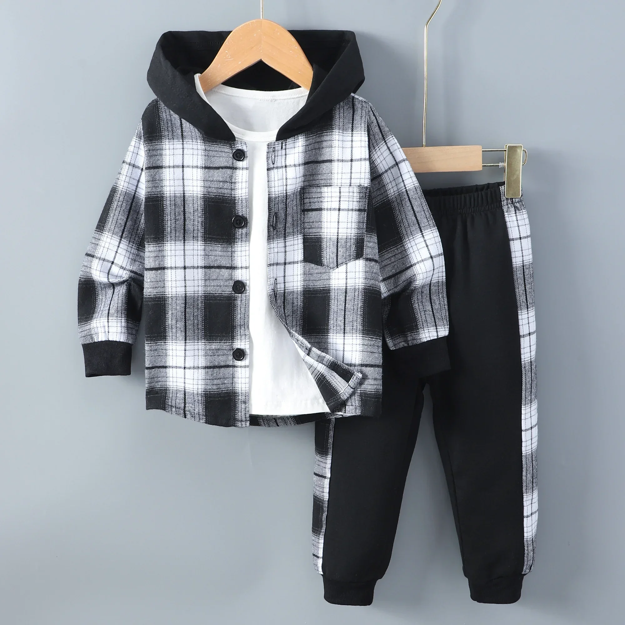 2pcs Boys Casual Creative Long Sleeve Plaid Hooded Jacket&Sweatpants Sets Kids Clothes Girls Clothes