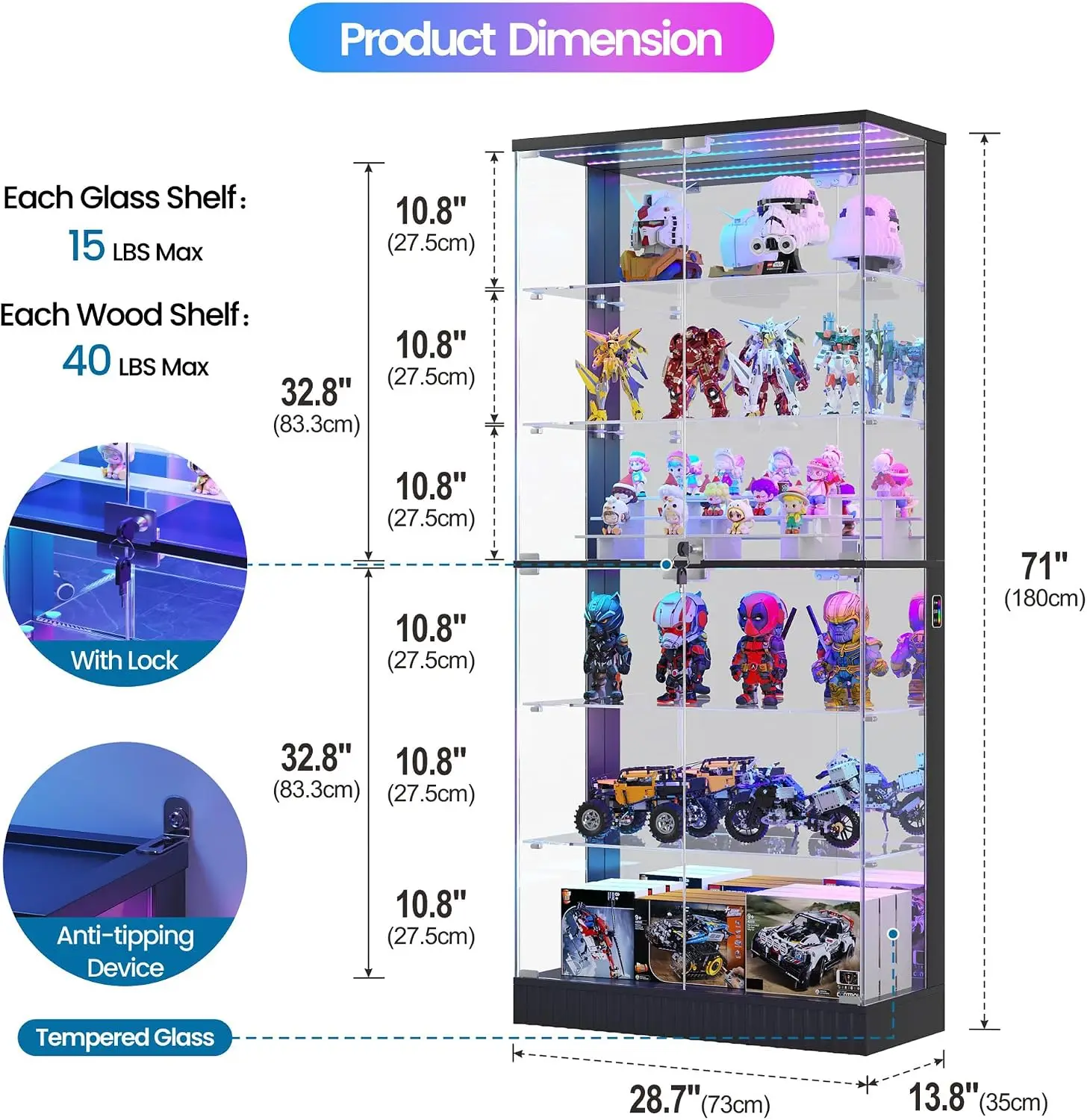 6-Tier Tall Glass Display Cabinet with RGB Lights for Collectibles | 71