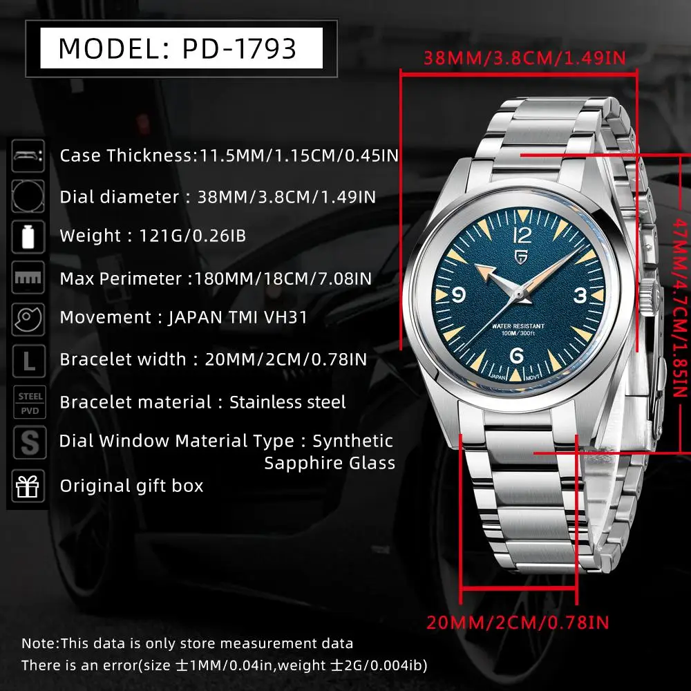 PAGANI DESIGN New Watch PD1793 38mm Quartz wristwatch VK31 Movement Sapphire stainless steel 100m waterproof Simple watch 
