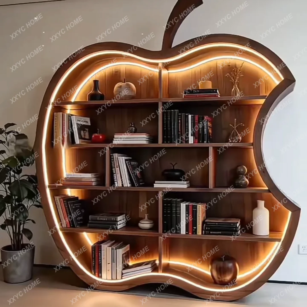 Solid wood apple shape bookcase background wall floor-to-ceiling whole wall bookshelf high-end display cabinet