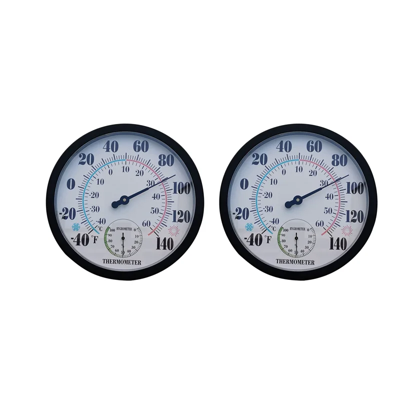 AS95-2X ميزان حرارة داخلي وخارجي حديقة جدار فناء ميزان حرارة الطقس الرطوبة، عدد كبير 10 في القطر (أسود)