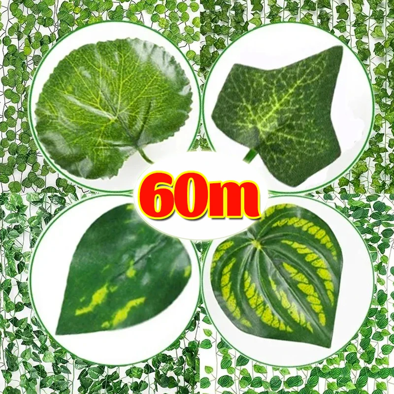 2/60m Artificial Plant Green Ivy Leaf Garland Fake Plant Creeper Hanging Vine Outdoor DIY Garden Wall Wedding Party Home Decor