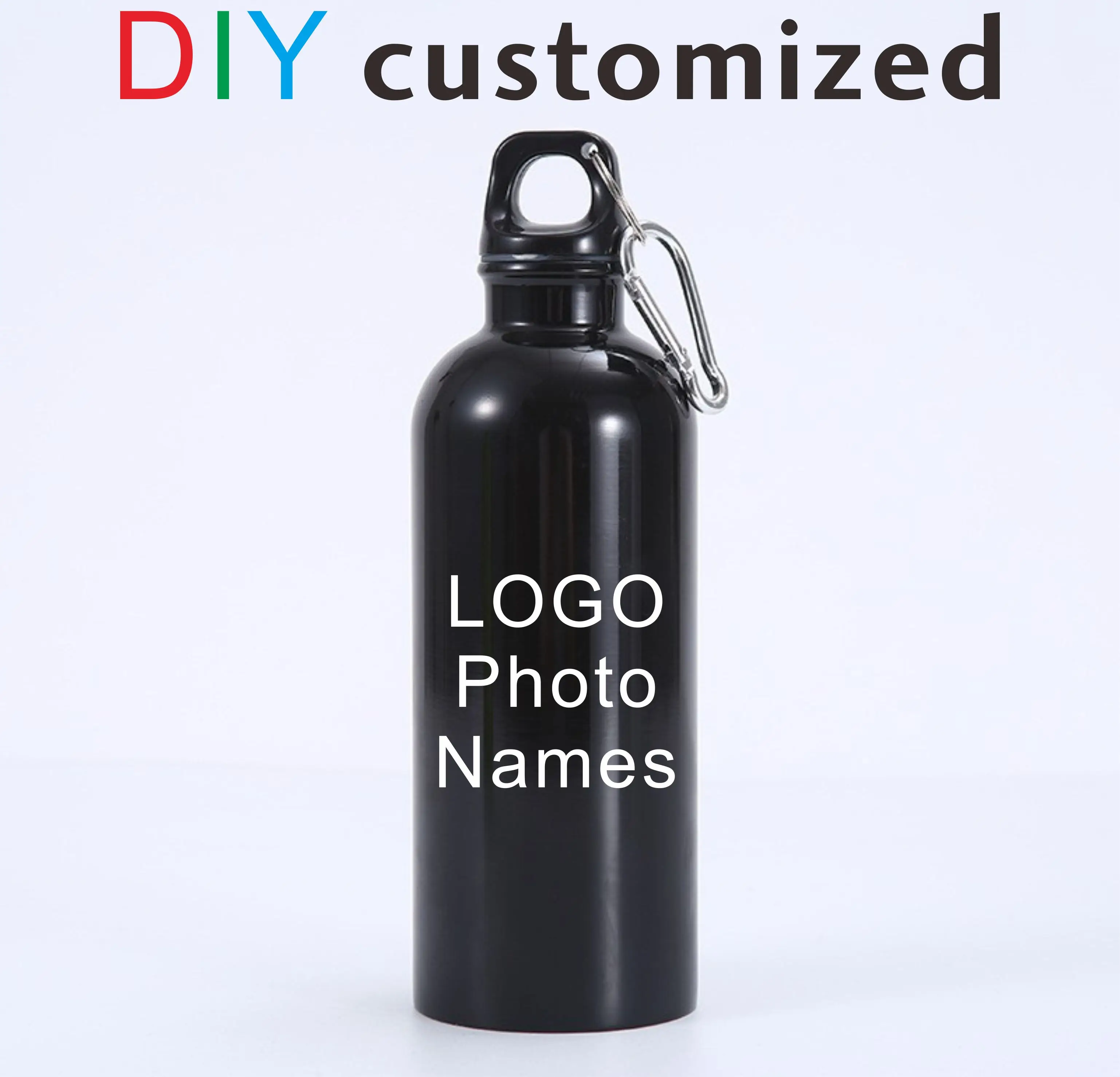 Black Bottle 600ML DIY Customized Print LOGO Name Photo Sport Aluminium Metal Material Carabiner Cup Outdoor Travel Biker Hiker