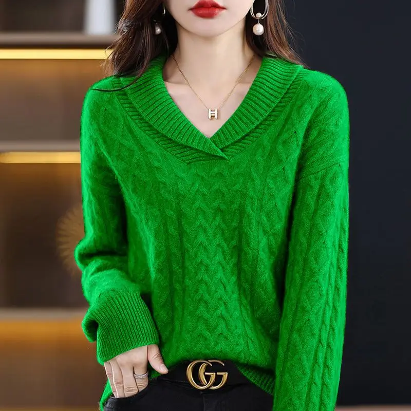 Autumn and Winter New Thin Retro Polo Knit Women's V-neck Fried Dough Twists Sweater Loose Westernized Bottoming Shirt Top