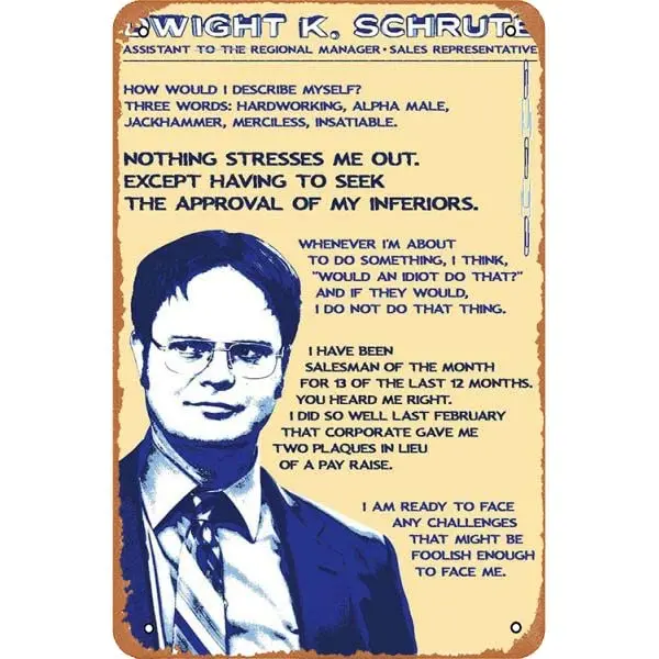 AirBnk The Office - Dwight Schrute - Quotes Metal Tin Sign Retro Style Wall Plaque Decoration Metal Sign 8x12 inch sign sig sign