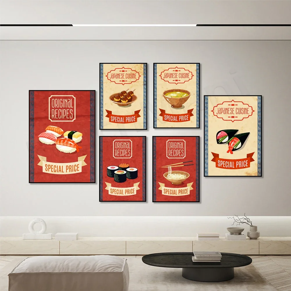 Japanese Cuisine Cartoon Food Sushi Noodles Canvas Painting Retro Kitchen Home Decor Original Recipe Poster Print