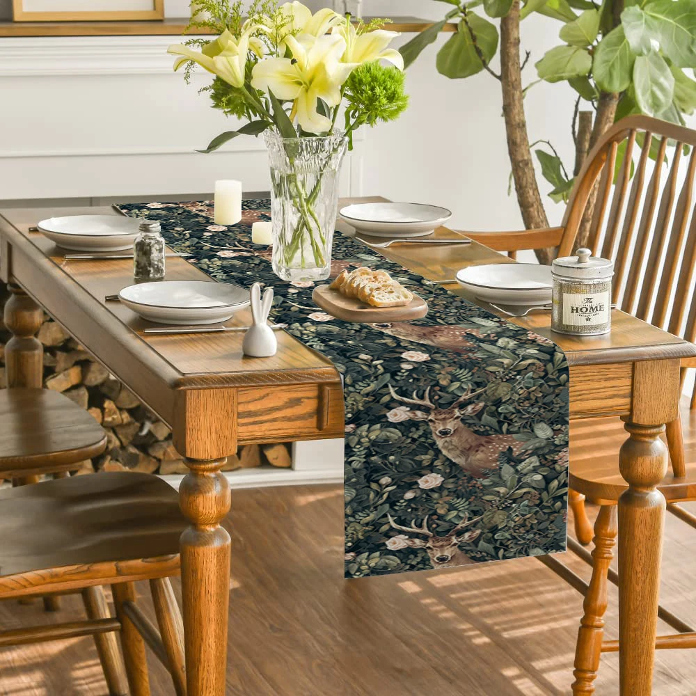 William Morris Plant Deer Fox Table Runner Polyester Table Runners for Dining Room Cottagecore Polyester Table