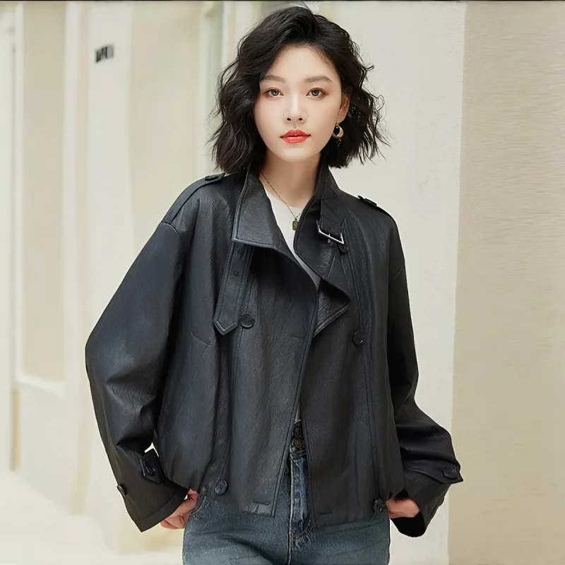 

Short Women's PU Leather Jacket Stand Collar Cool Retro Style Autumn New Fashion Small Size Coat for Commuting and Streetwear