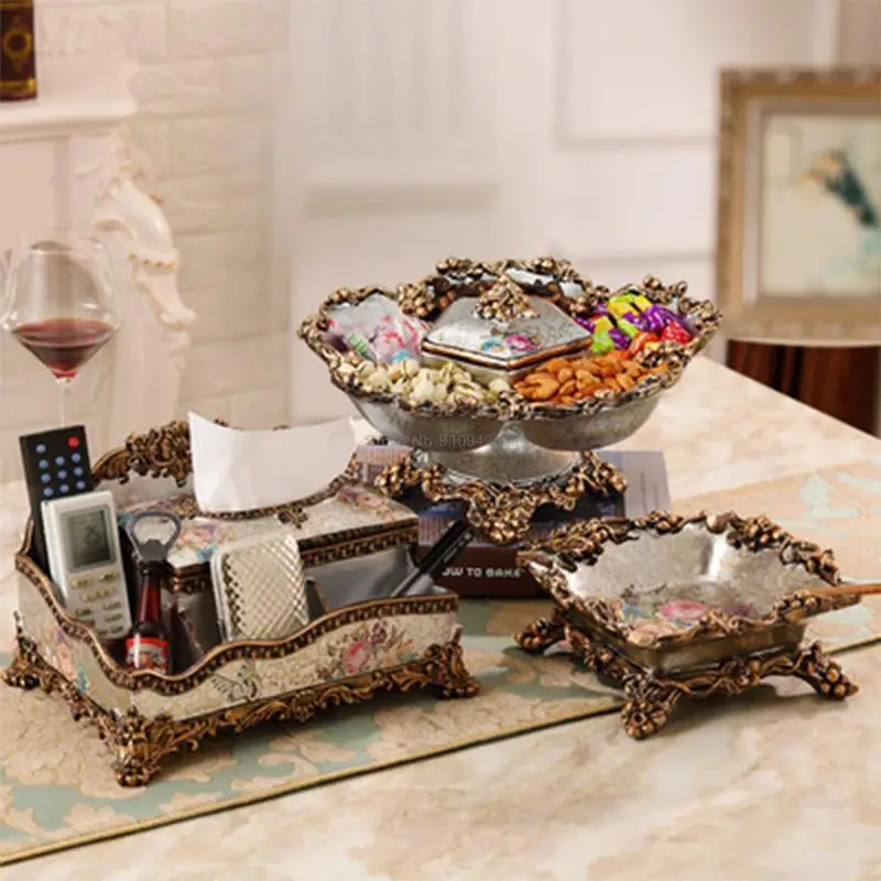 

Home Decoration Divided Grid Dried Fruit Tray with Lid Lving Room Coffee Table Candy Tray Nut Tray Decoration Tissue Box Set