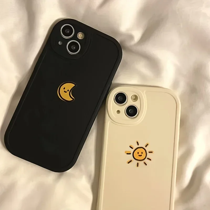 Cute Simple Sun Moon Couple Phone Case For iPhone 14 Plus 7 8 X XS XR SE2 11 12 13 14 15 Pro Max Silicone Cases Shockproof Cover