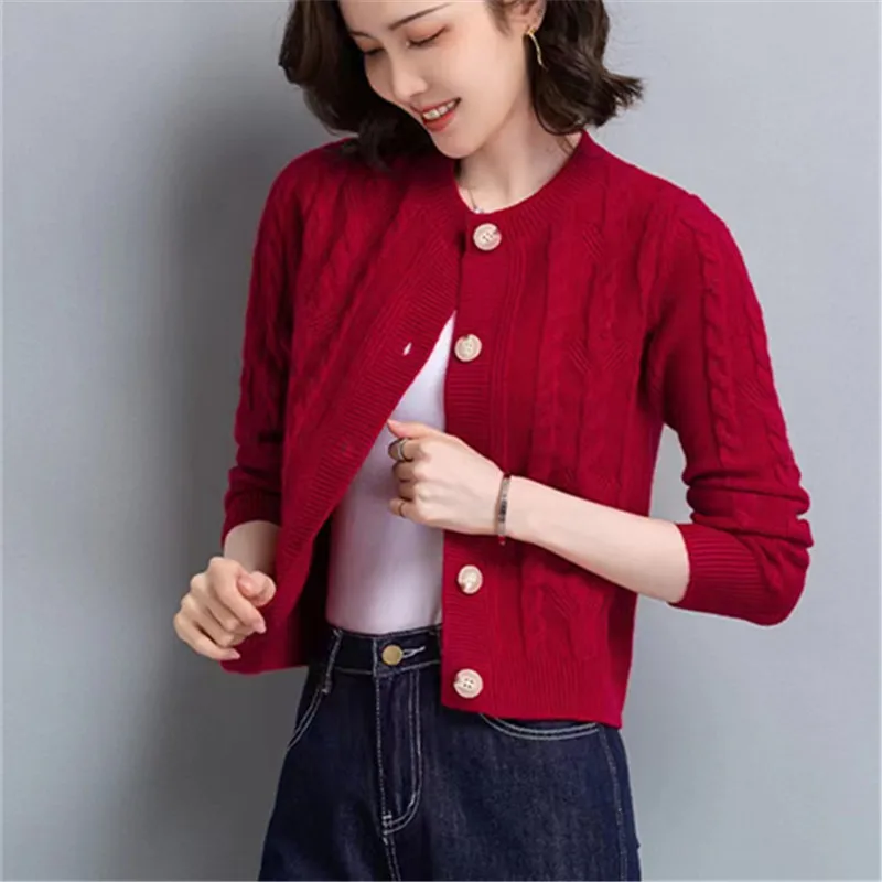 

Spring Autumn New Short Knitted Cardigan Women O-Neck Small Shawl Sweater Coat Single-Breasted Loose Female Knitwear Tops W402