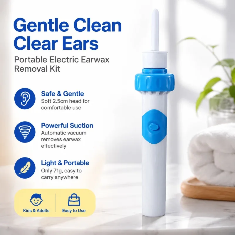 Portable Electric Earwax Removal Kit Automatic Vacuum Suction Ear Cleaner for Kids Adults 2.5cm Soft Head 71g