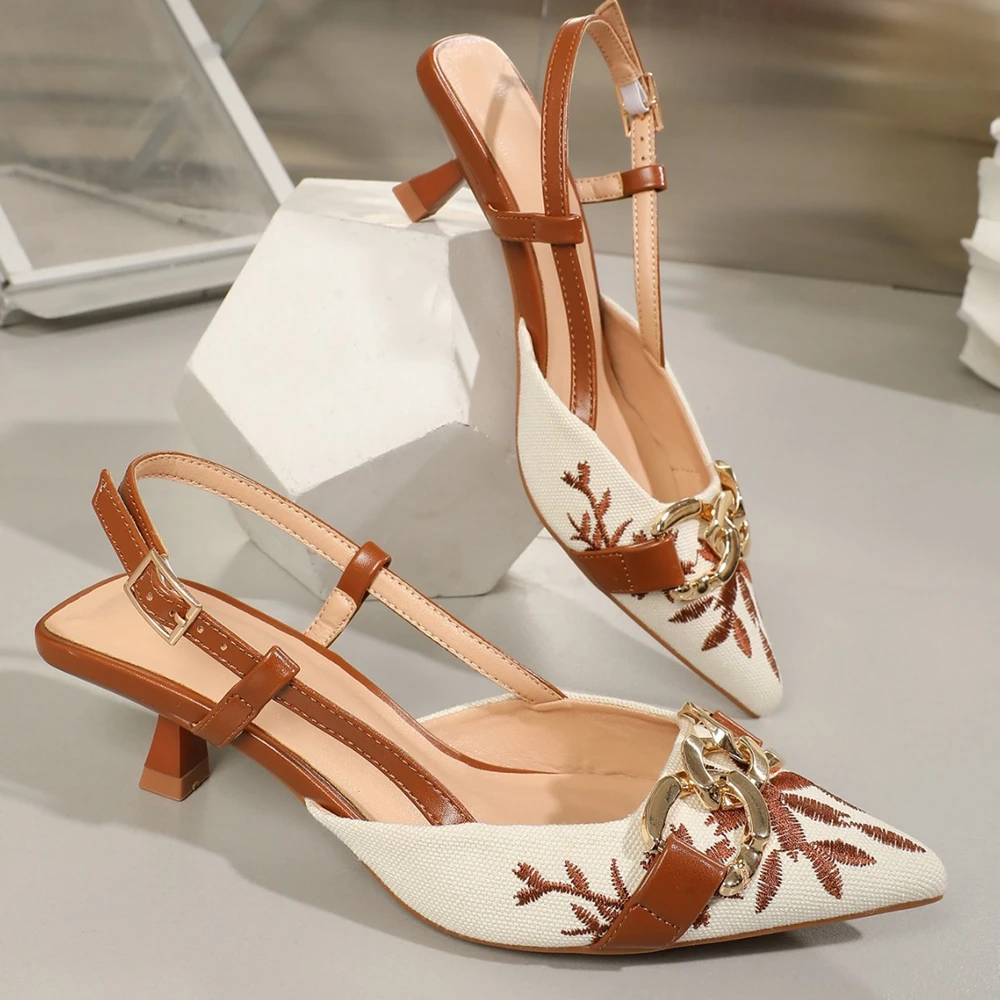 ‌Women's Pointed Toe Slingback Sandals Floral Embroidery Low Kitten Heel with Ankle Strap Buckle Office Comfort Shoes