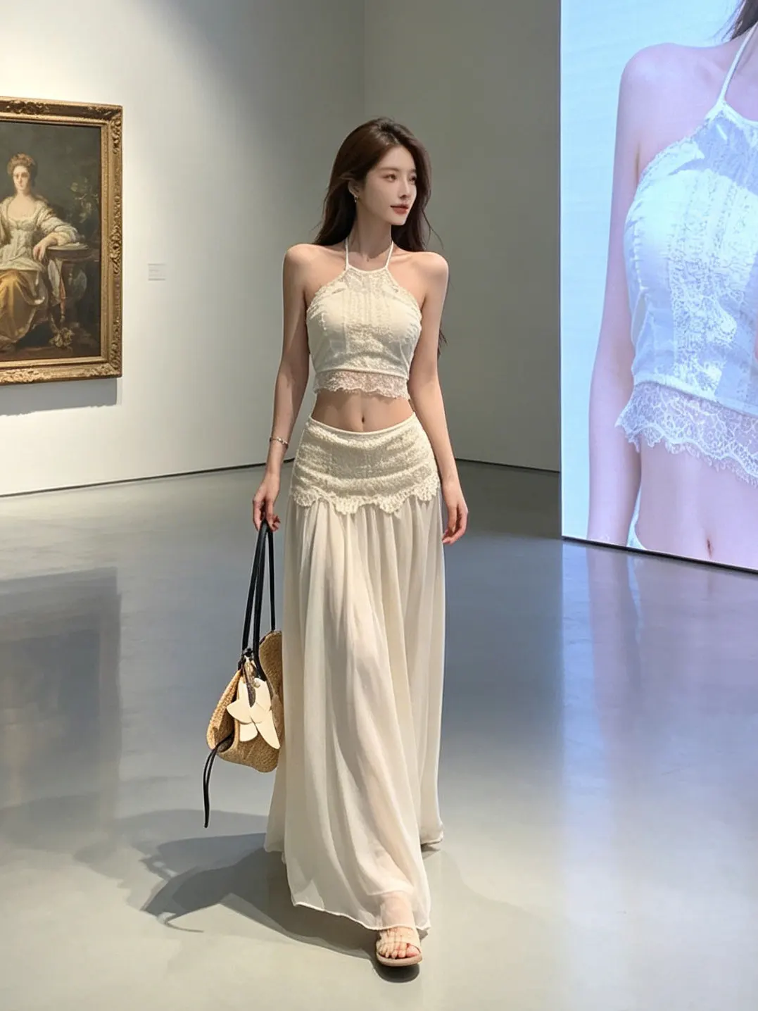 

Sexy Vacation Style Two-Piece Set Women's Strap Vest A-Line Skirt Pure Color High Waist Lace Detail Summer Fashion