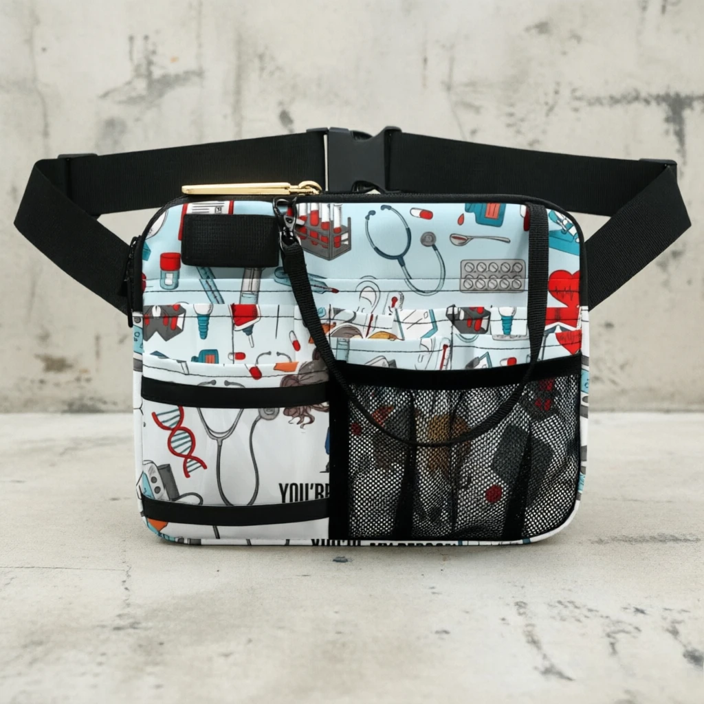 

Многофункциональная поясная сумка для ветеринарных инструментов – фиолетово-желтый дизайн с изображением кошки, диспенсером для ленты и карманом на молнии для защиты от краж