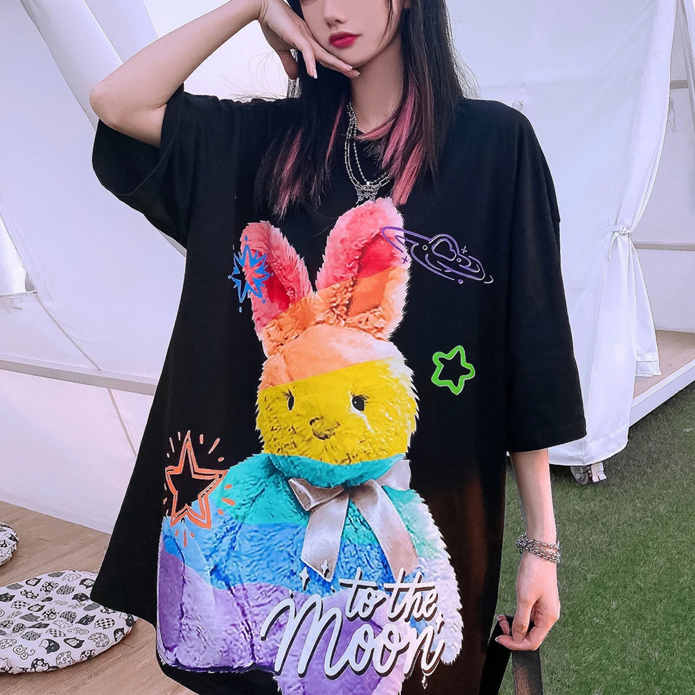 100%Cotton Cute Rainbow Rabbit Graffiti T Shirts Men Women Oversized Short Sleeve Casual Tops Harajuku Street Kawaii Graphic Tee