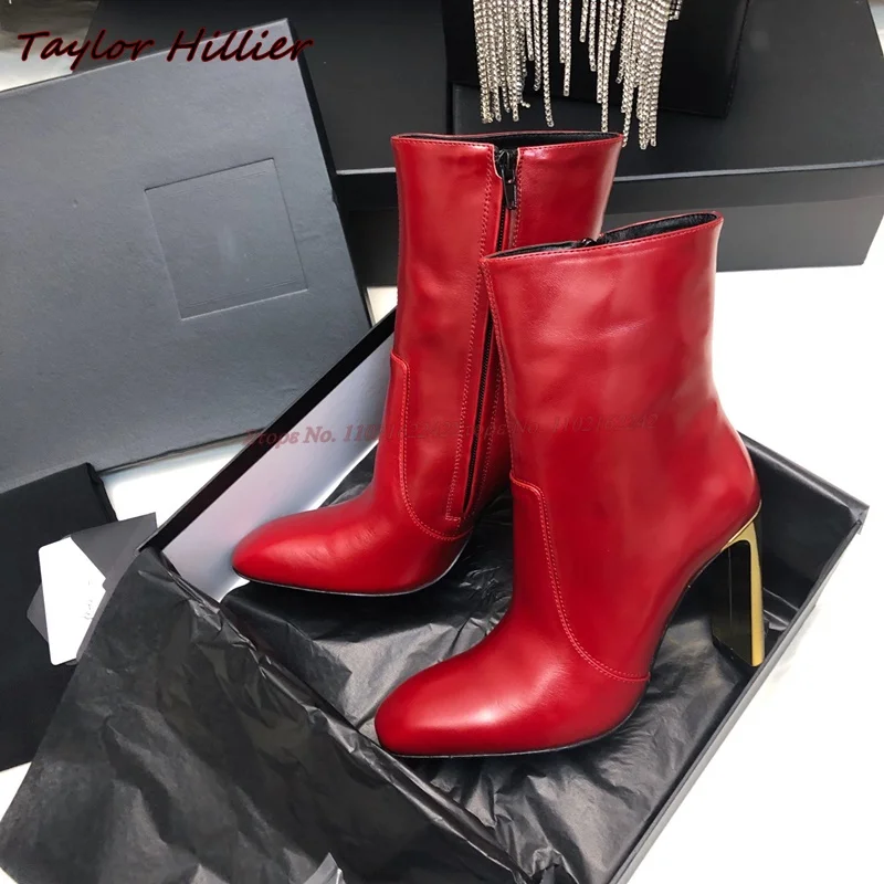 Autumn New Genuine Leather Fashion Boots Round Toe Electroplated Heel Side Zipper High Heel Boots Catwalk Luxury Short Boots 43