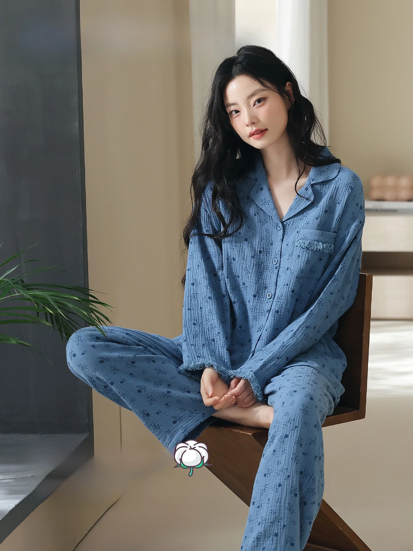 Pure Cotton Floral Print Sleepwear Women's Home Clothes Double Layer Linen Feel Comfortable Breathable Long Sleeve Button Front