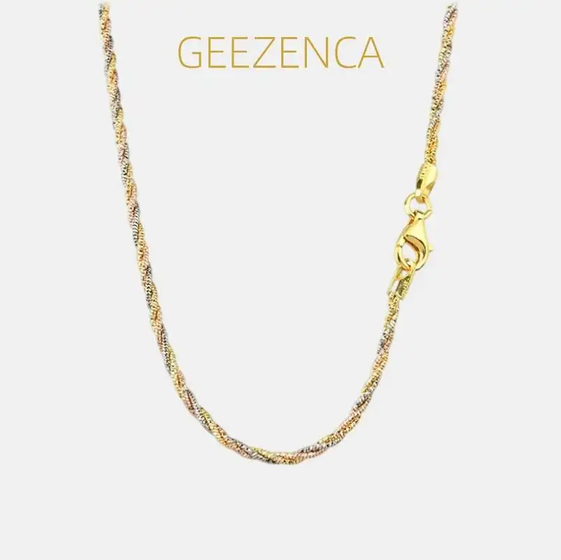 GEEZENCA Italian Craft 925 Silver Three Tone 3 Chains Braided Necklaces For Women 2mm Width Sparkling Luxury Jewelry 2024 New
