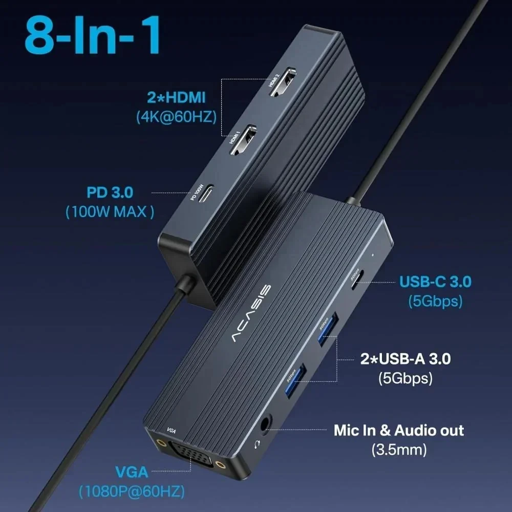 Acasis USB-C 8-In-1 Docking Station 5Gbps USB 3.0 4K 60Hz PD 100W Input 85W Output for Laptop Hub High-Speed Data Transfer