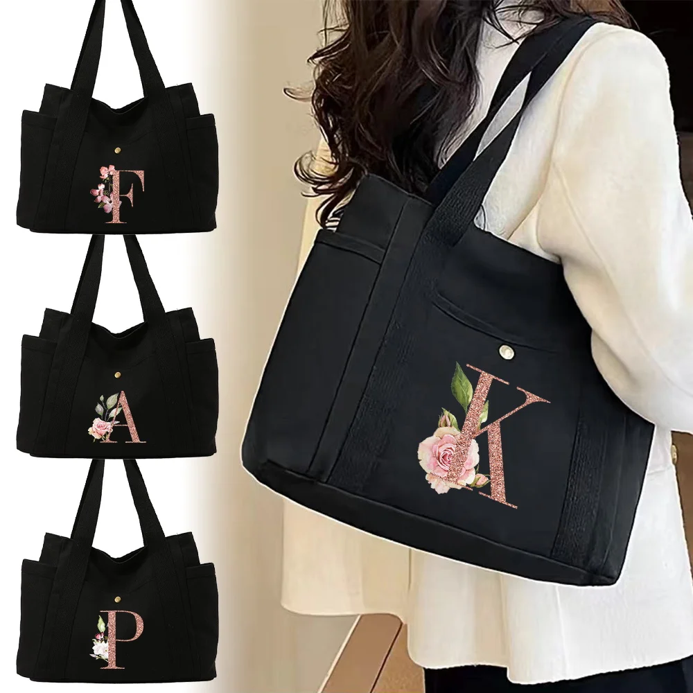 Women's Bag Tote Bag Handbags Canvas Commuting Shoulder Bags Rose Gold Printing Series Female Black Travel Organizers Pack