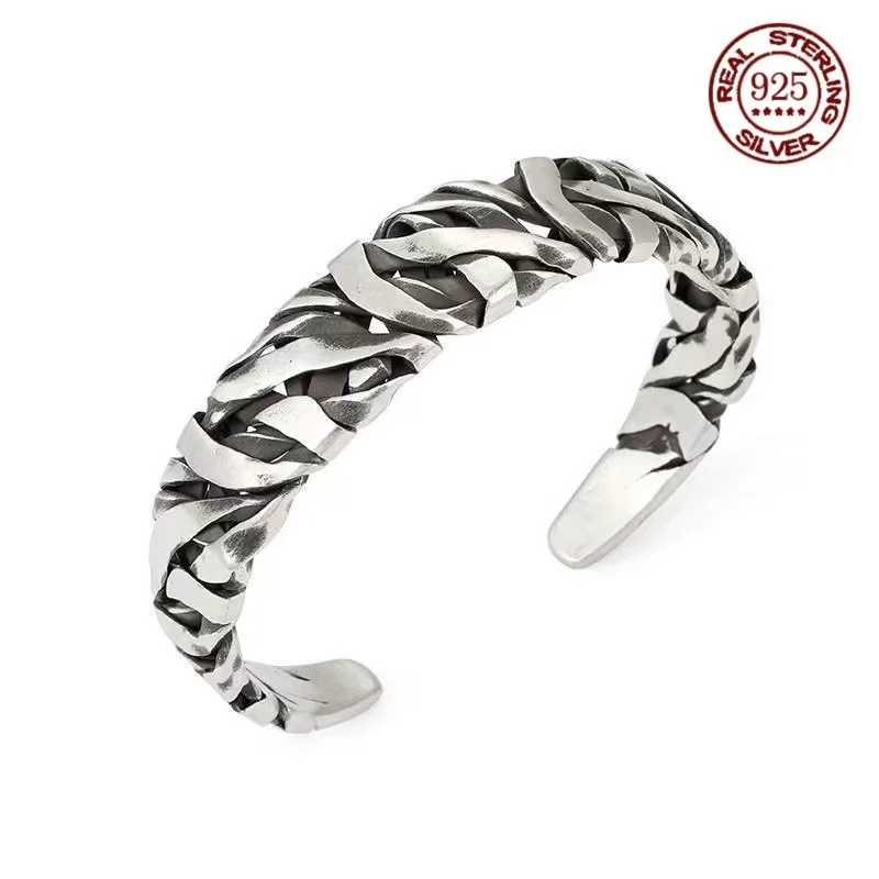 

S925 Silver handwoven bracelet for men personality retro niche open bracelet for men bracelet gift