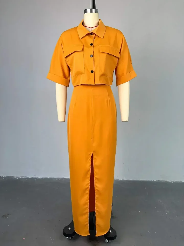 

2025 Summer New Style Women's Clothing Lapel Cropped Shirt Top Side Slit Package Skirt Suit European American Cross-border