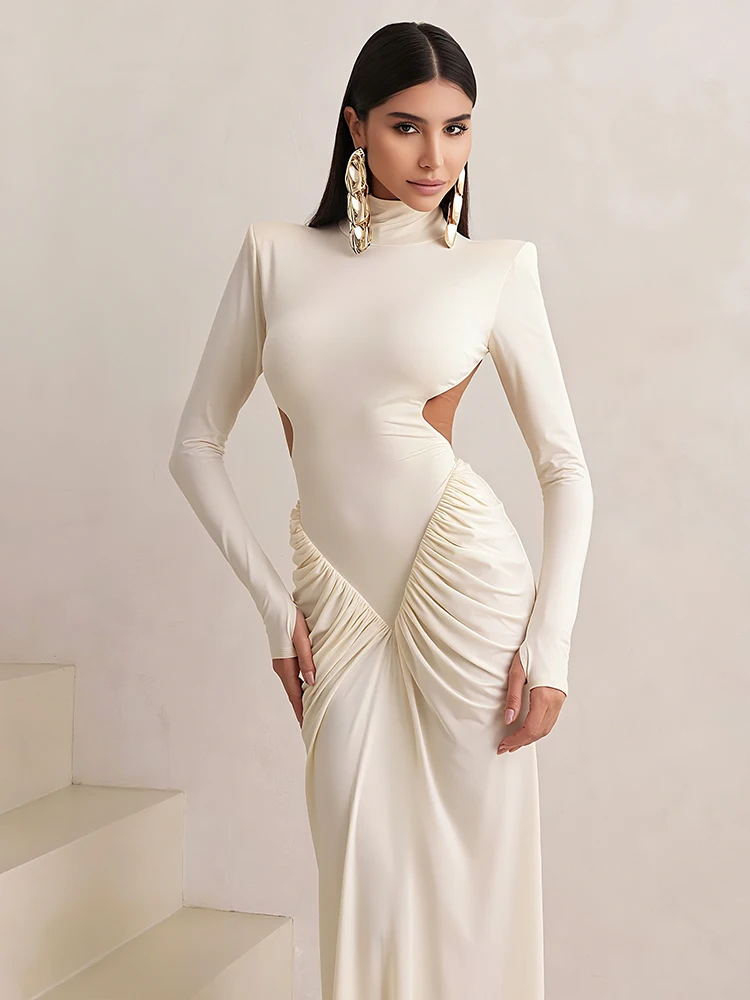 

kliou Shirring Sheath Women Maxi Dresses High Street Classic Full Sleeve Straight Shoulder Backless Vestidos Mujer Evening Wear