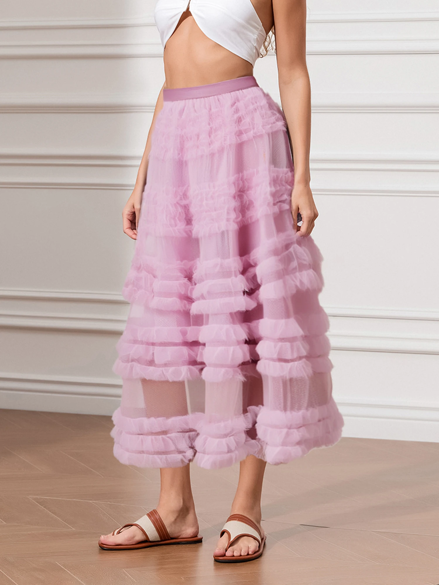Women s Tulle A-Line Long Skirt High Waist Sheer Mesh Tiered Ruffled Skirt for Summer Spring