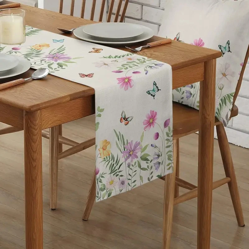 Spring Floral Linen Table Runner Summer Colorful Flower Butterfly Dresser Scarves Table Decor Washable Home Dining Party Decor